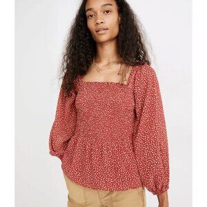 Madewell Peplum Top Womens Size 2 Red Smoked Balloon Sleeves Stretch Tunic